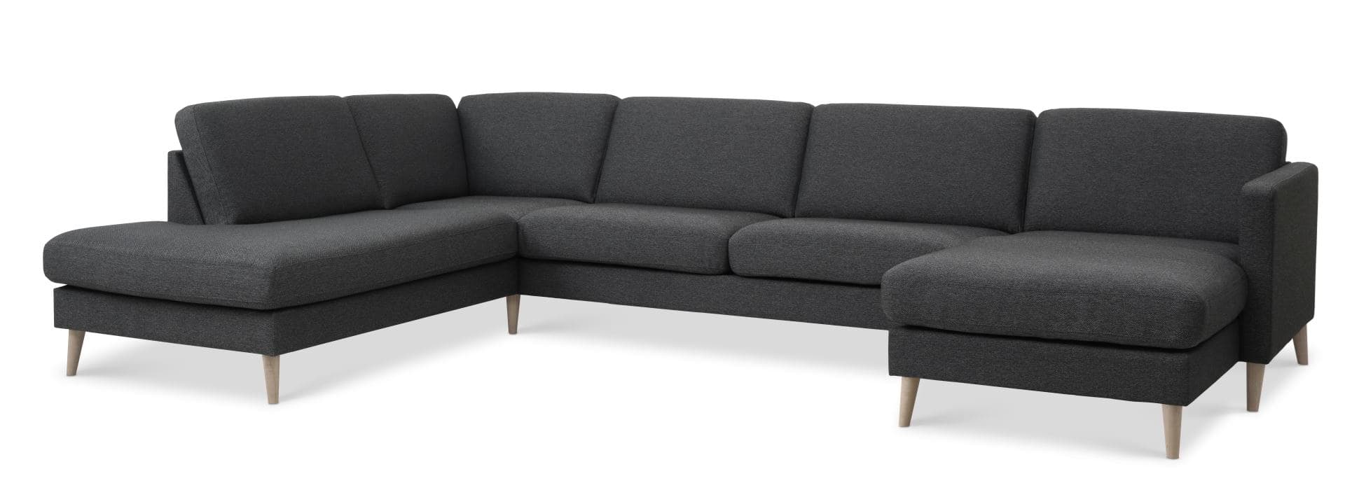 Askset 54 U OE soffa, med vänster schäslong - antracitgrå polyestertyg och naturligt trä