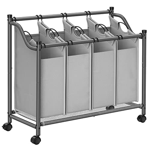 SONGMICS Rullande tvättsorterare, tvättkorg med 4 löstagbara påsar, tvättkorg, tvättvagn, för tvättstuga, sovrum, badrum, 4 x 35L, Grå LSF005GS