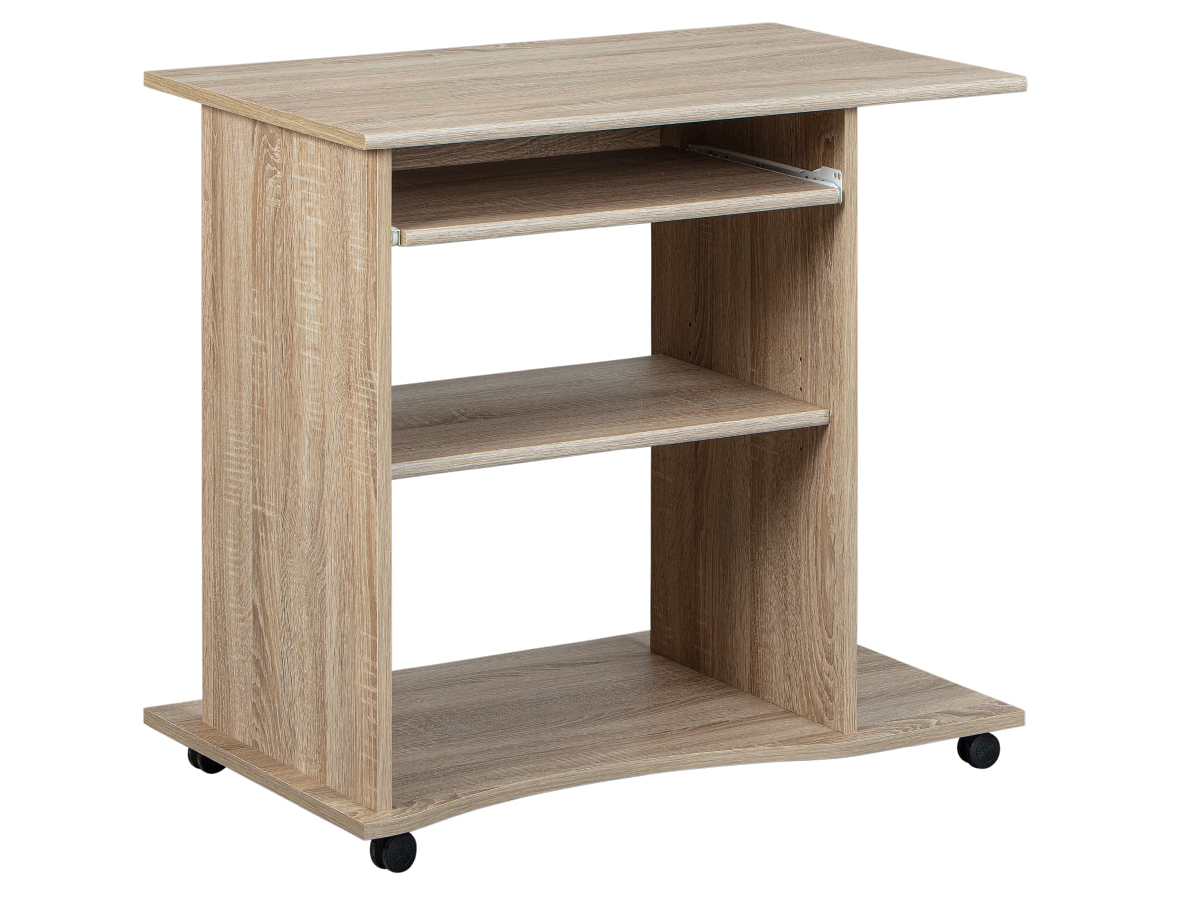 NORDIC LIVING COLLECTION Durini-skrivbord i Sonoma-ek på hjul, med två hyllplan och ett avtagbart tangentbordsfack
