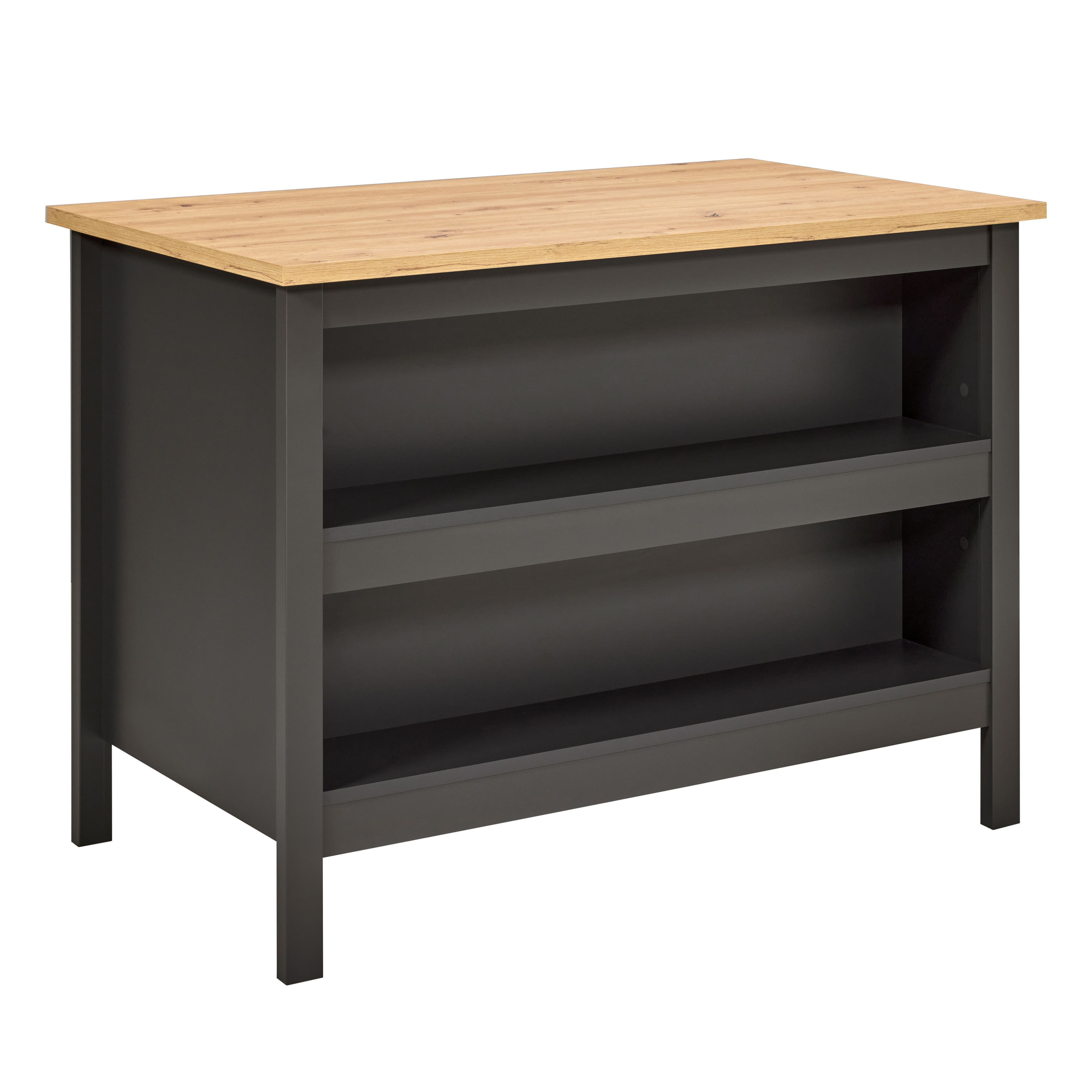NORDIC LIVING COLLECTION Nellina köksö i antracit/Artisan-ek, med två fack på ena sidan och plats för barstolar eller stolar på den andra.