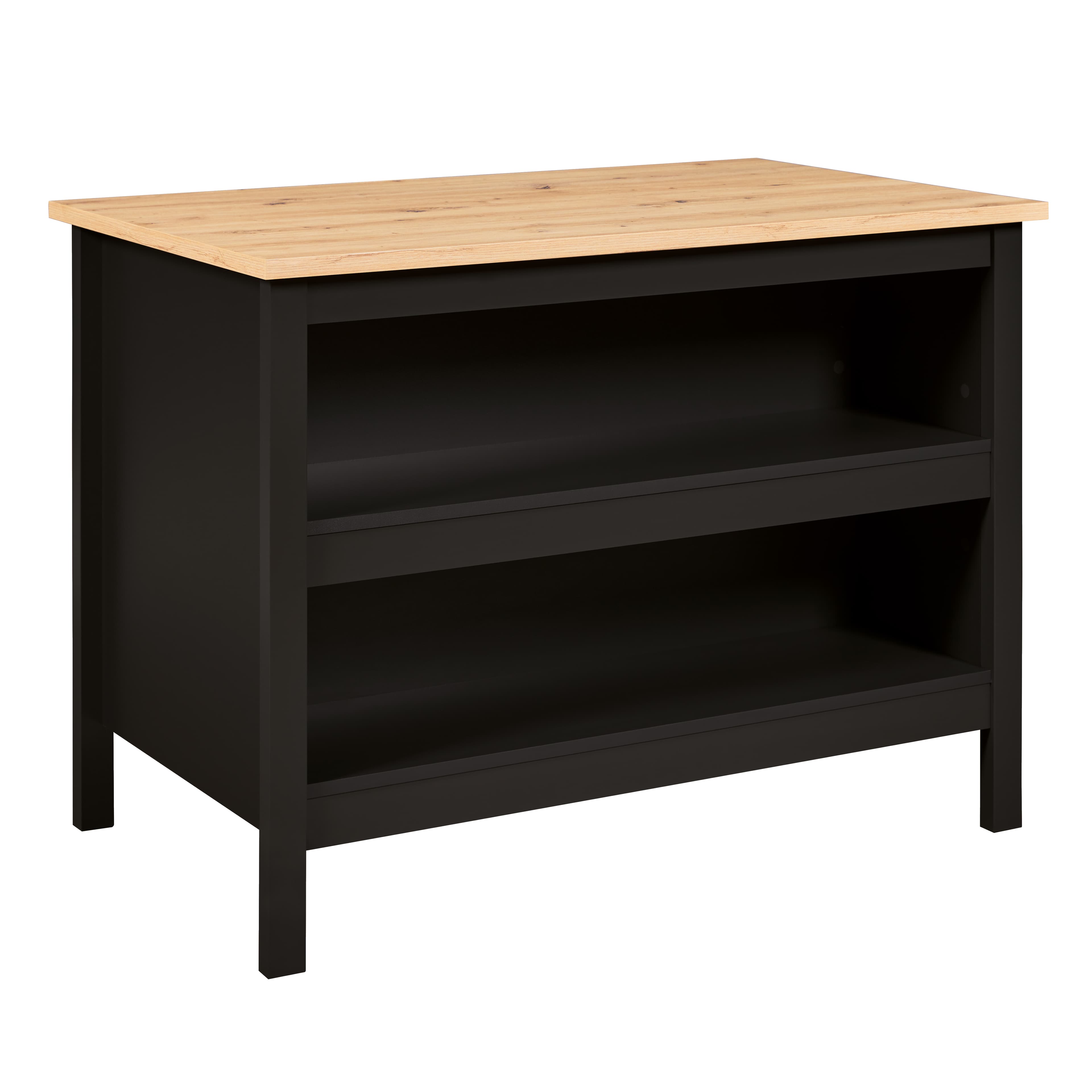 NORDIC LIVING COLLECTION Julina köksö i svart/Artisan ek, med två fack på ena sidan och plats för barstolar eller stolar på den andra.