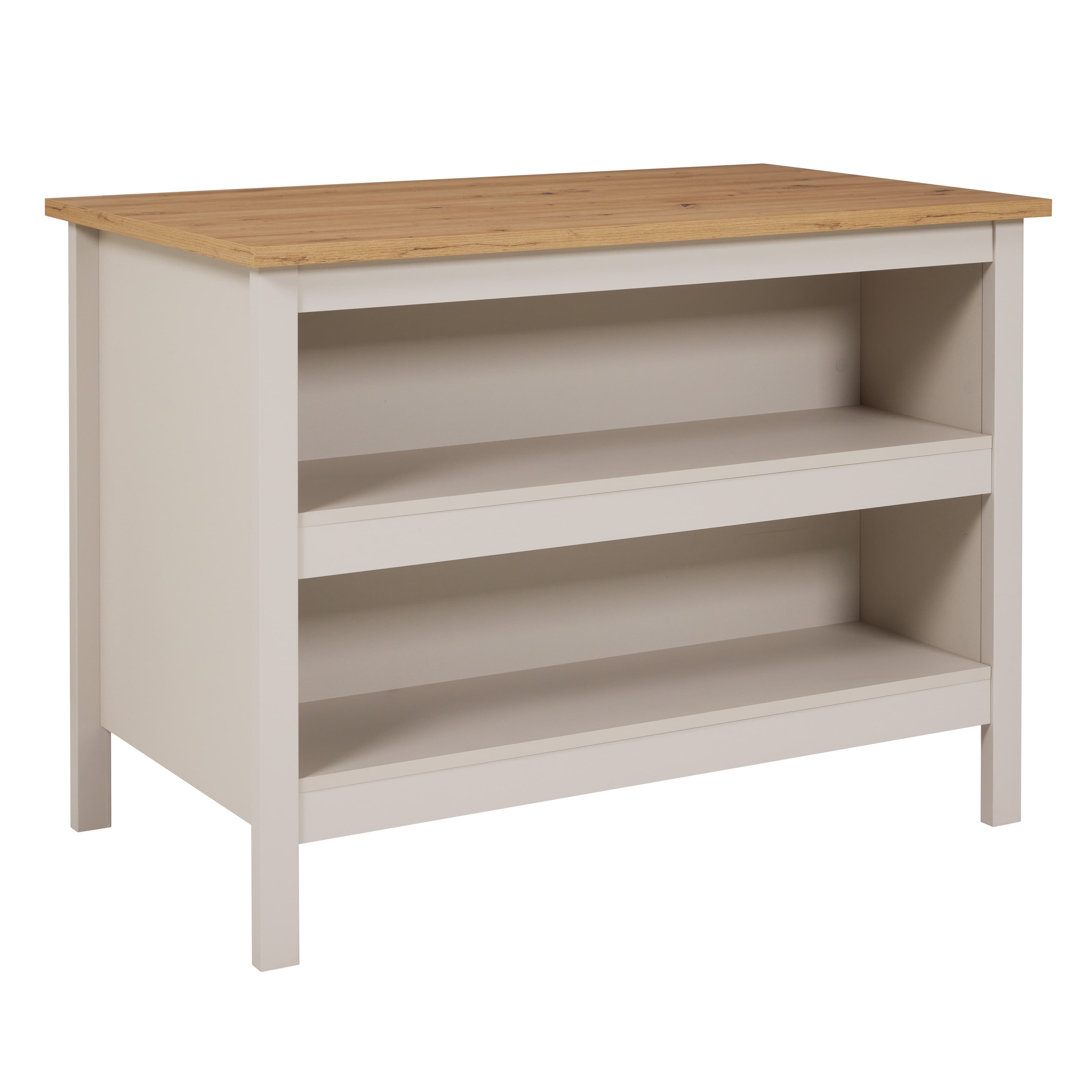 NORDIC LIVING COLLECTION Köksö Emmilia Cashmere/Artisan Oak, med 2 fack på ena sidan och plats för barstolar eller stolar på den andra.