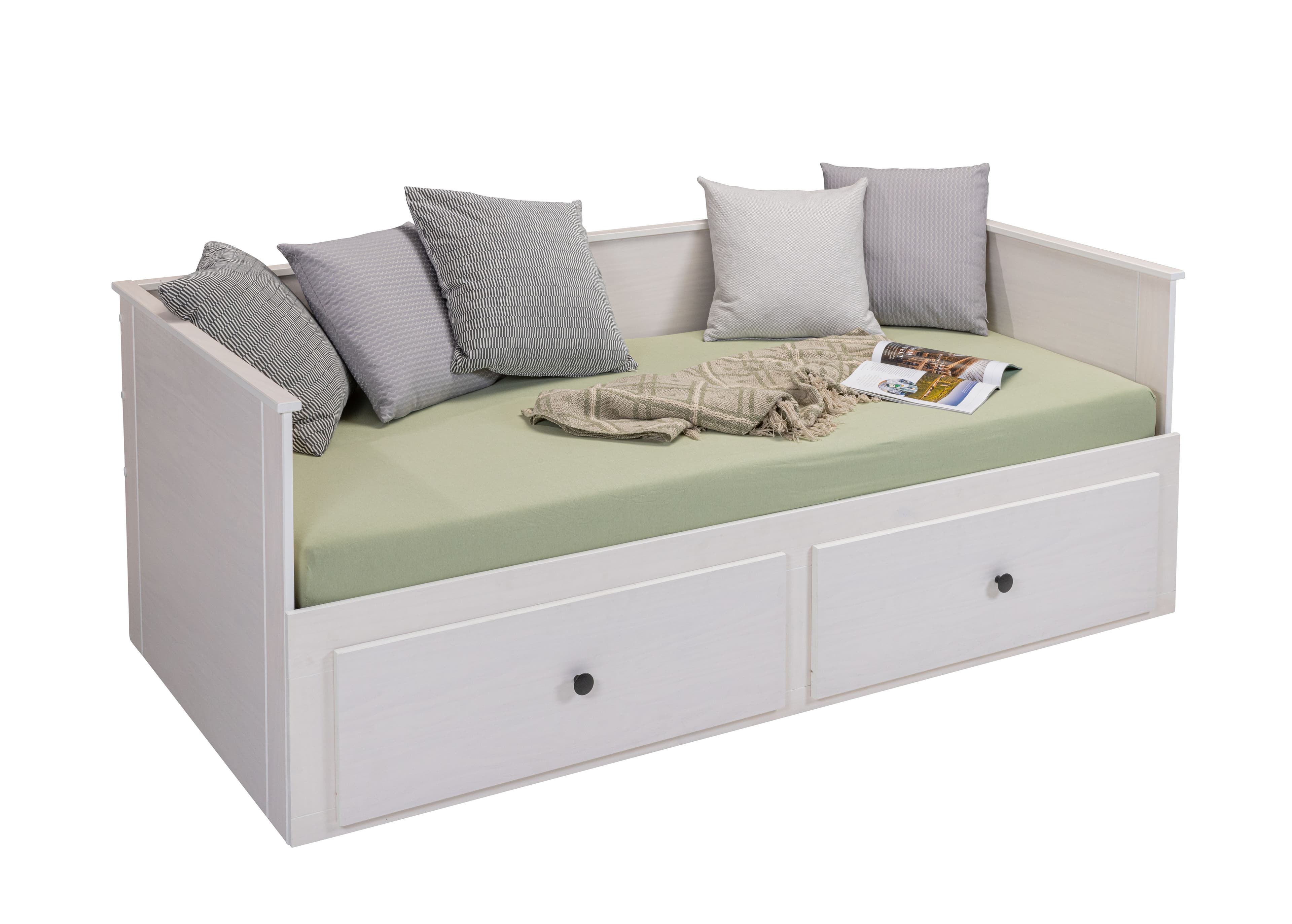 NORDIC LIVING COLLECTION Palino utdragbar säng 90x200 cm vit inkl. ribbotten med 2-i-1 utdragbar liggyta, tillverkad av hållbart massivt trä och med 2 lådor