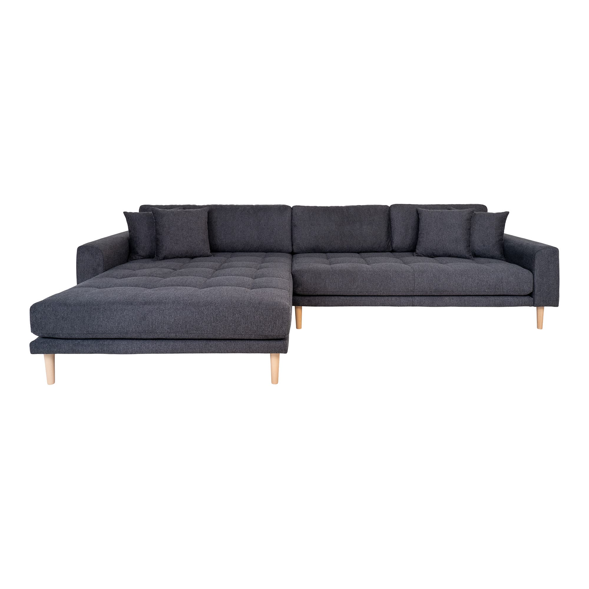 HOUSE NORDIC Lido loungesofa, venstre chaiselong, m. 4 kuddar - mörkgrå polyester och bok natur