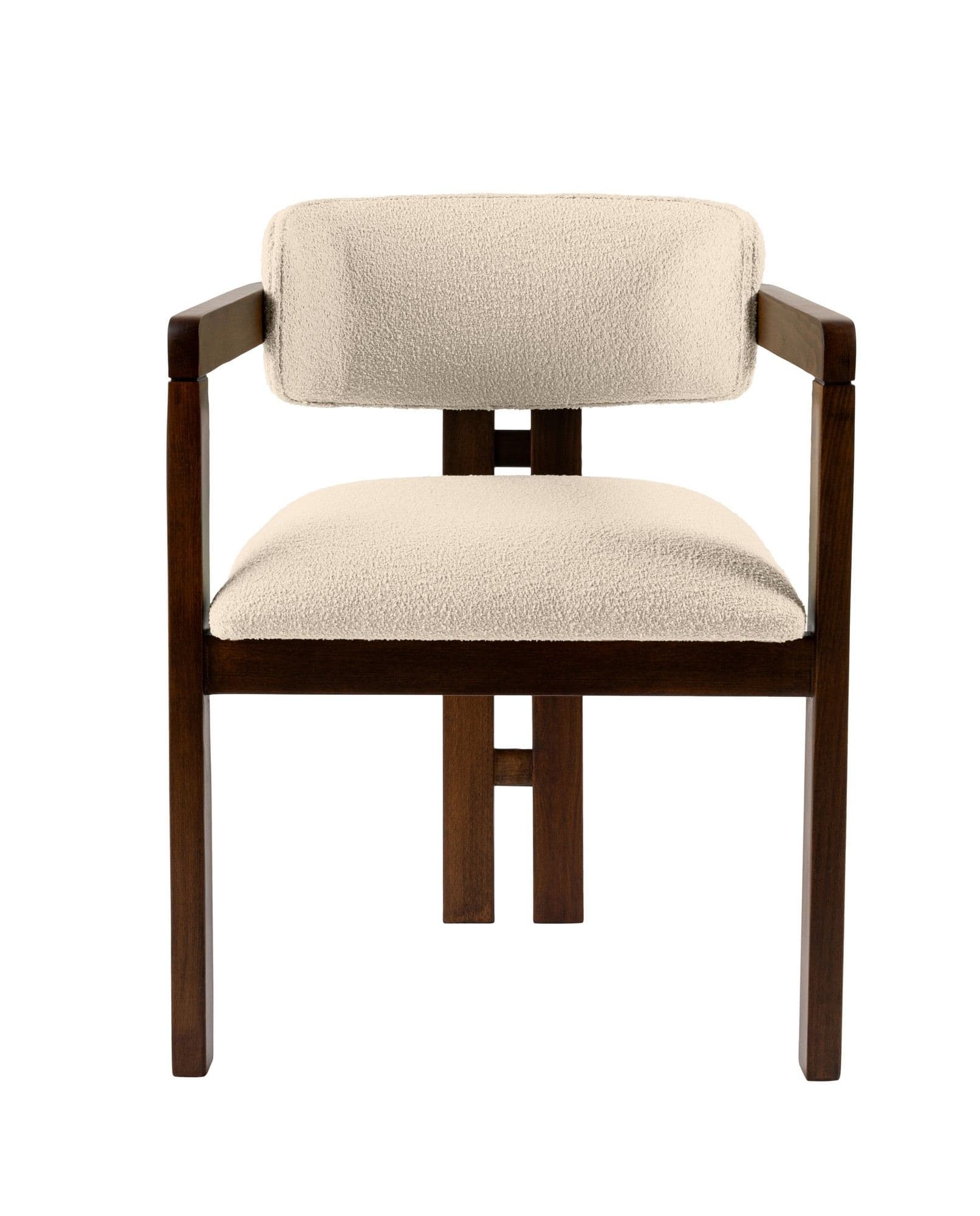 NORDVäRK Mistral matstol, med armstöd - benvit polyester och valnötsfärgat bokträ