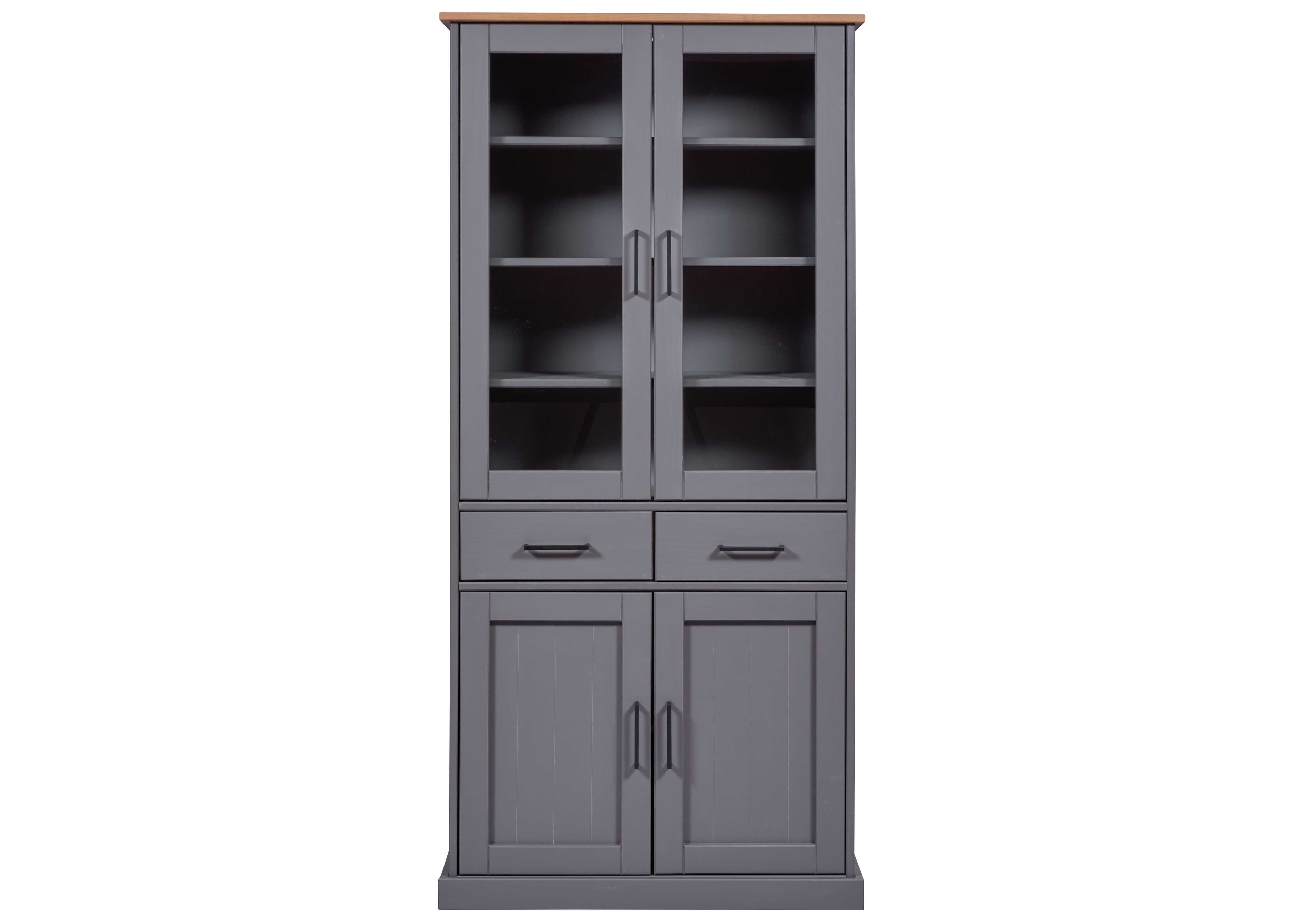 NORDIC LIVING COLLECTION Massiv furuvitrin i lantlig stil med 4 dörrar och 2 lådor i grå eklack