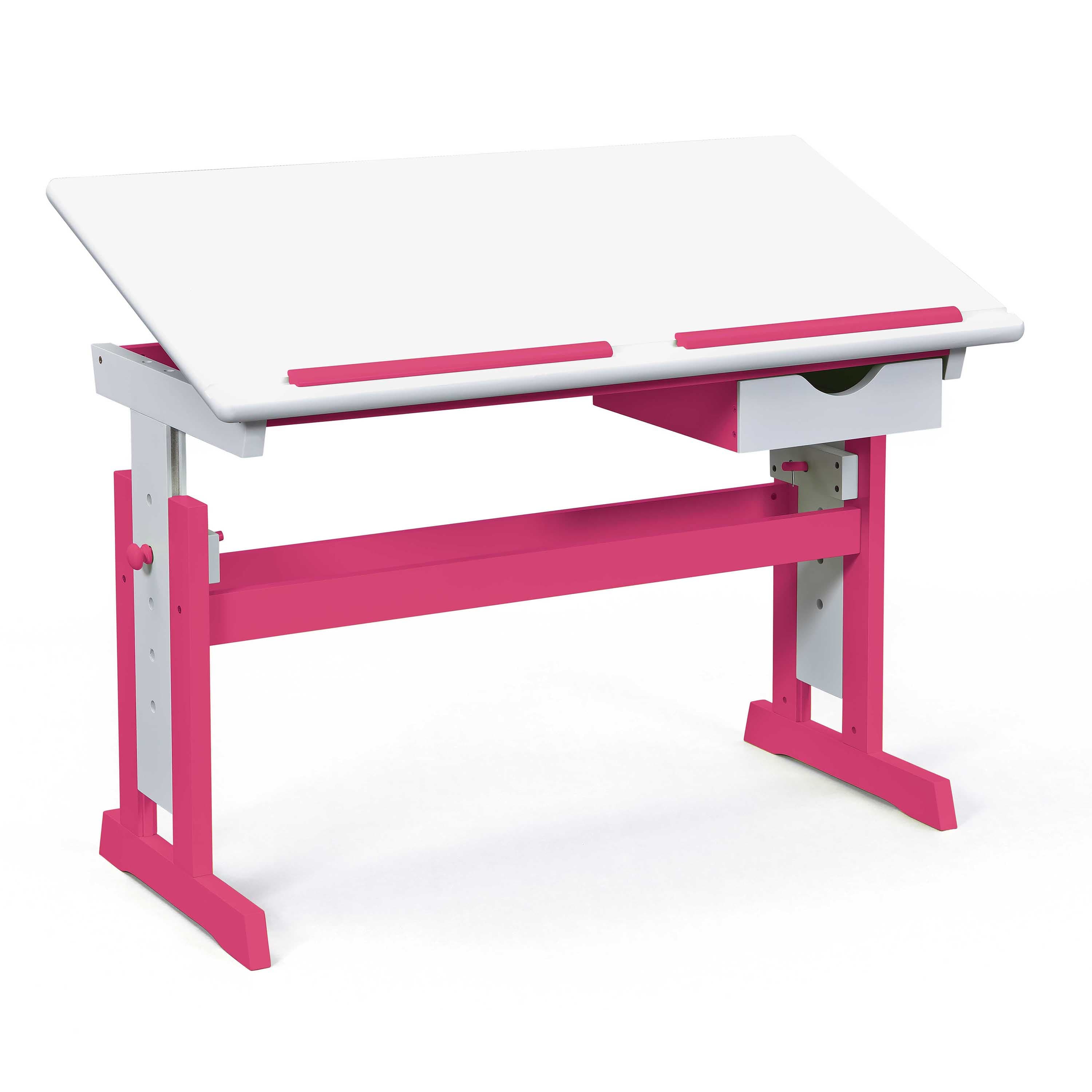 NORDIC LIVING COLLECTION Pijii skrivbord, vitt och rosa, massivt trä, höjdjusterbart med tippbart hyllplan