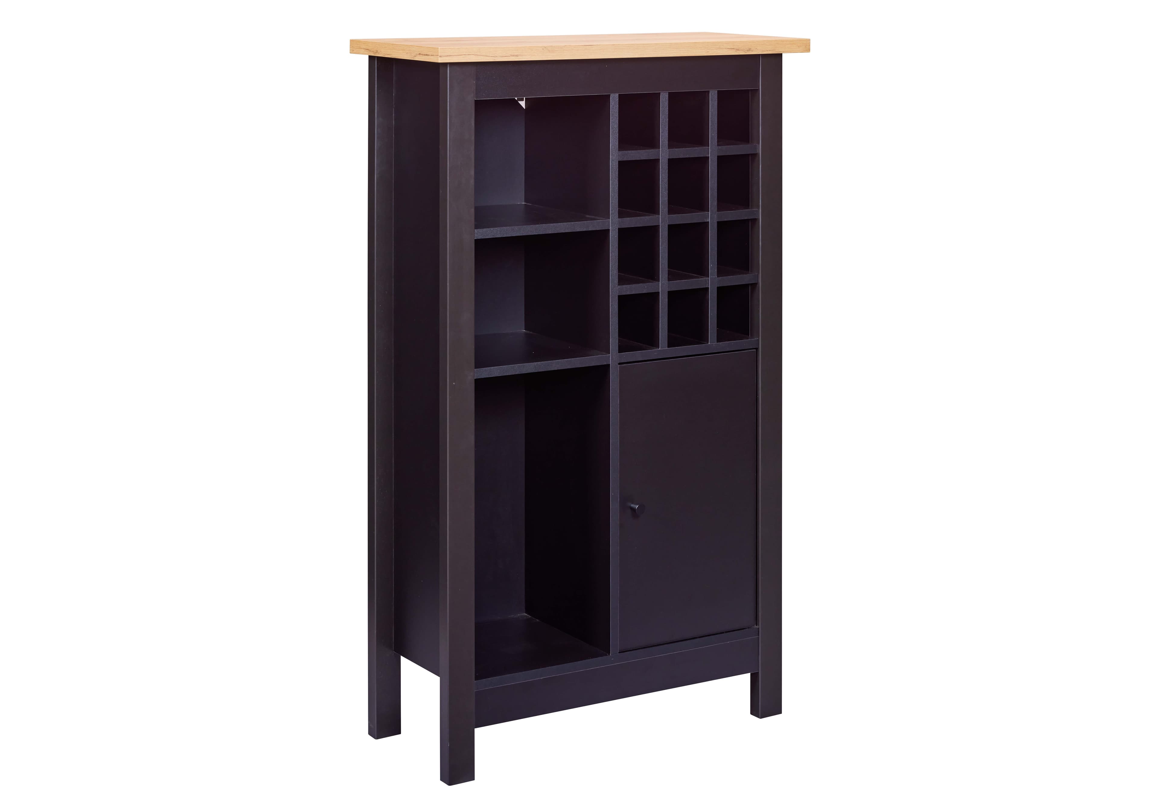 NORDIC LIVING COLLECTION Julina vinskåp i svart med 1 dörr, 3 stora fack och 12 små fack, perfekt för vinälskare