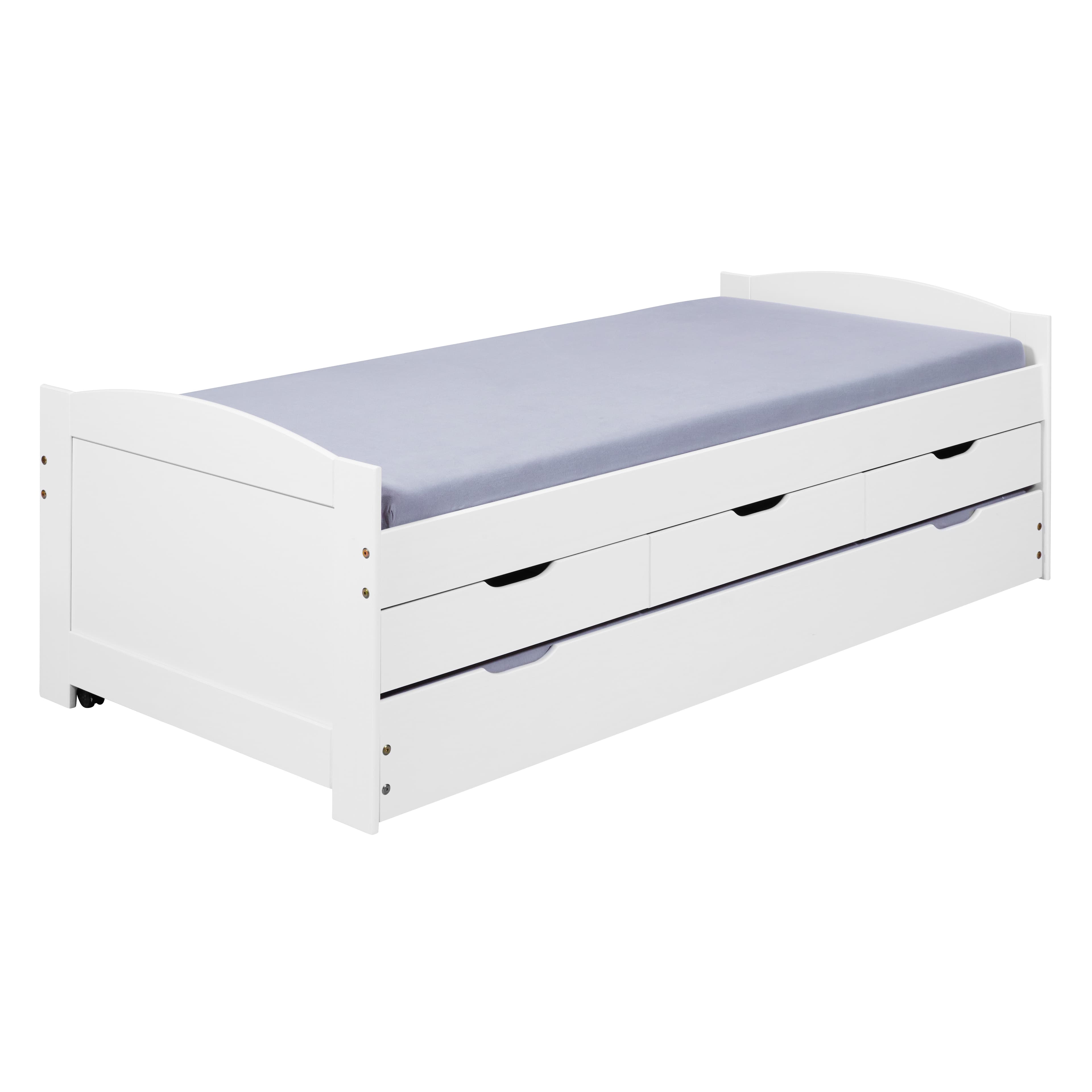 NORDIC LIVING COLLECTION Funktionssäng Ulli 90x200 tillverkad av massivt trä i vitlack med 3 lådor och extra sovyta inklusive ribbotten