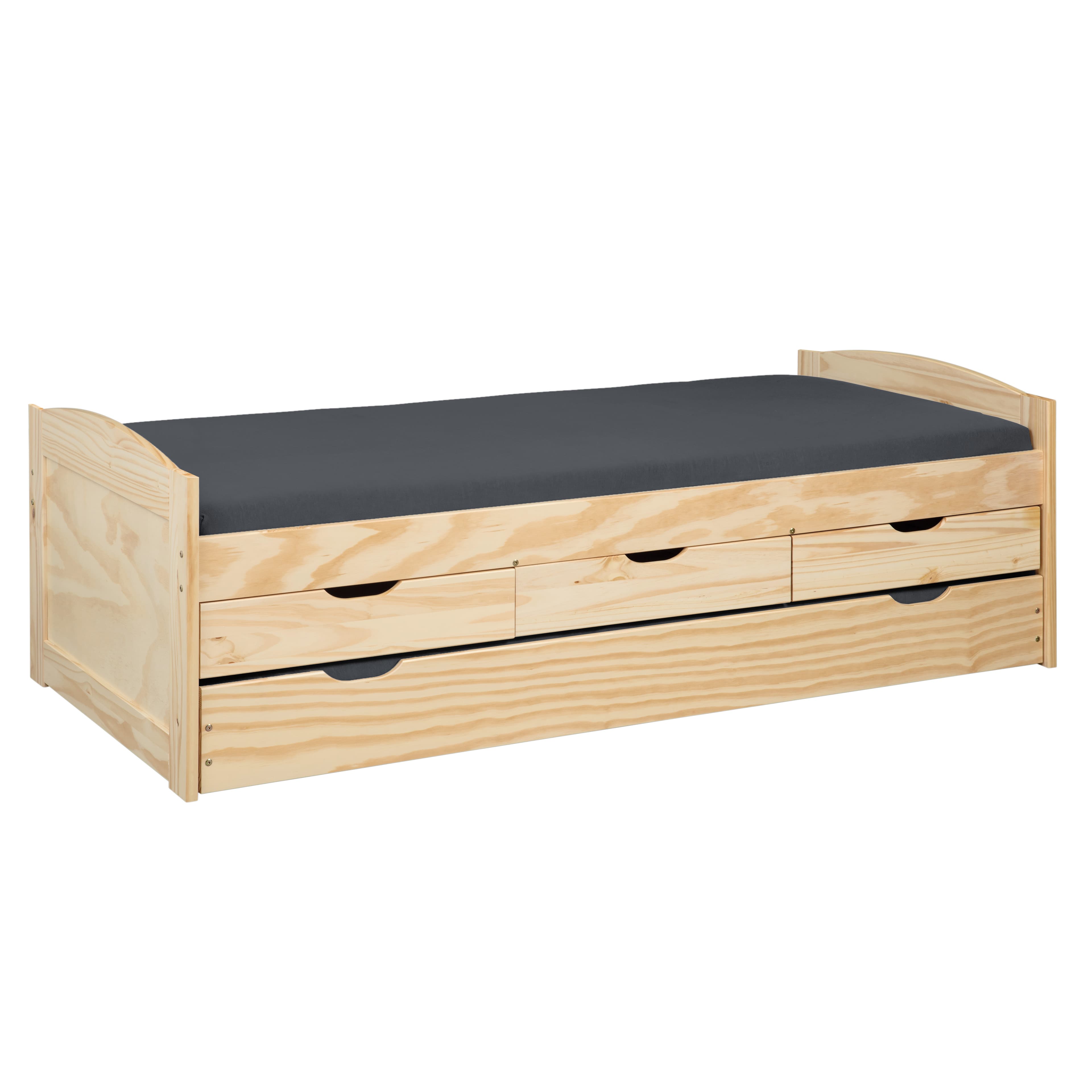 NORDIC LIVING COLLECTION Marinella funktionssäng 90x200 tillverkad av massivt trä i naturlack med 3 lådor och extra sovyta inklusive ribbotten