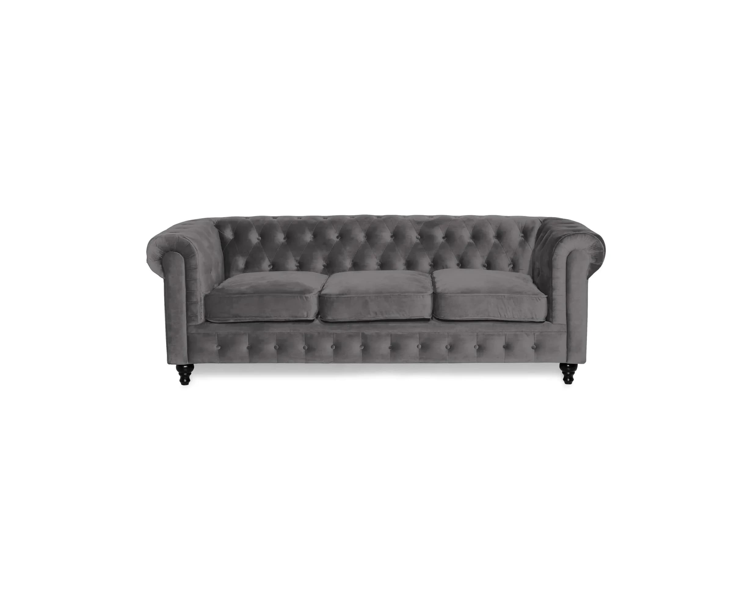 Chesterfield Lyx 3-sits sammetssoffa grå